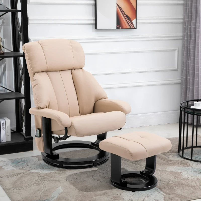 HOMCOM Poltrona Relax com Pufe Poltrona Giratória para TV com Função de Massagem Reclinável Cadeira de Massagem com Controle Remoto Bolso Lateral Poltrona de Descanso em Couro Sintético para Sala de Estar Creme Branco