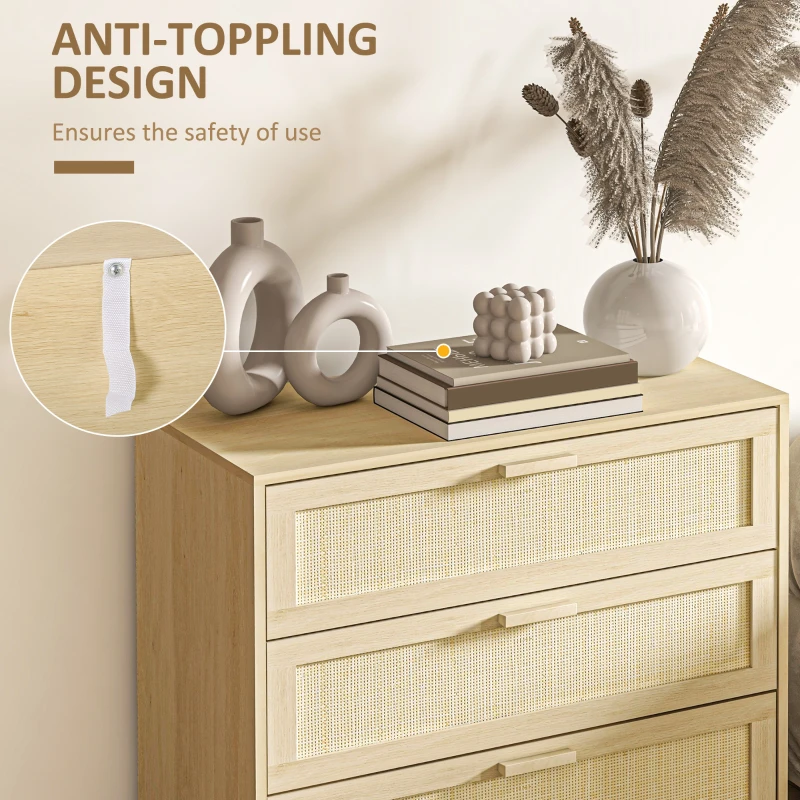HOMCOM Chest of Drawer and Nightstands, Boho Rattan Furniture Set, Nature Wood Finish