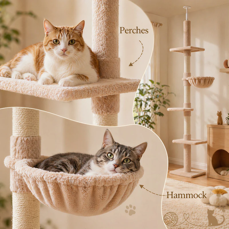 PawHut Floor to Ceiling Cat Tree 230-260cm Height Adjustable, 5-Tier Cat Tower with Scratching Posts, Hammock, Perches, Climbing Activity Centre for Indoor Kittens Playing and Relaxing, Beige