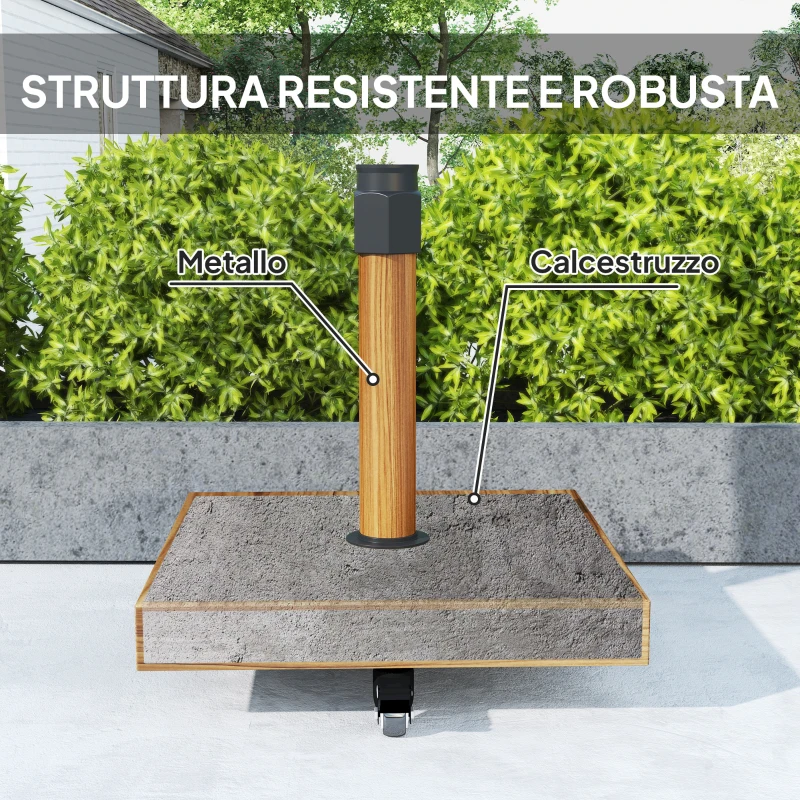 Outsunny Base per Ombrellone a Rotelle con Freni, Basamento per Ombrellone in Metallo con Cemento, per Pali di Ombrelloni da Ø36/38/48 mm, Effetto Legno Naturale