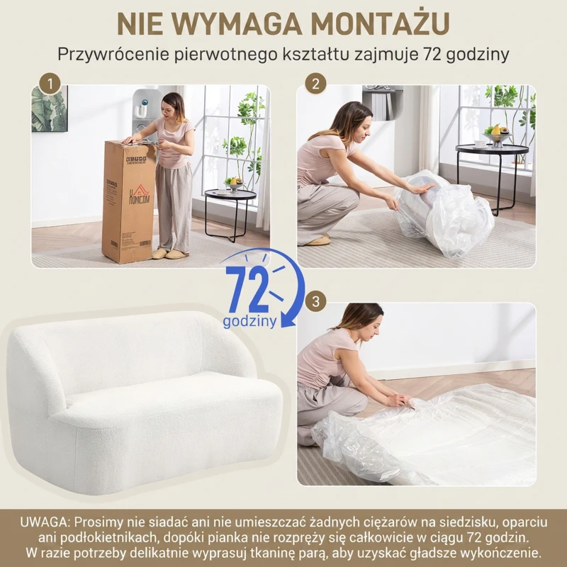 HOMCOM Modern 2 Seater Sofa, 142cm Loveseat with Curved Design, Upholstered Sherpa Fleece Small Sofa for Living Room, Bedroom, Home Office, No Assembly Required, Cream White