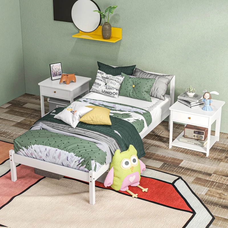 HOMCOM Estrutura de Cama de Solteiro, Cabeceira & Estrado, 26cm de espaço sob a cama, Pinho, 208x96x70 cm, Branco