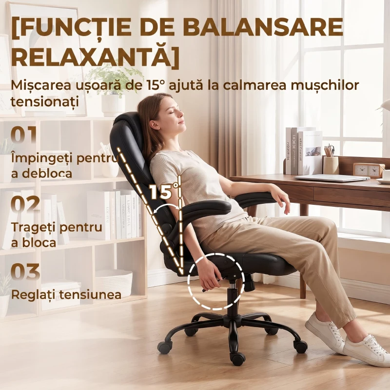 HOMCOM Scaun de Birou Rotativ, Funcție de Balansare, Suporturi Rabatabile pentru Brațe, Spătar Înalt, Negru