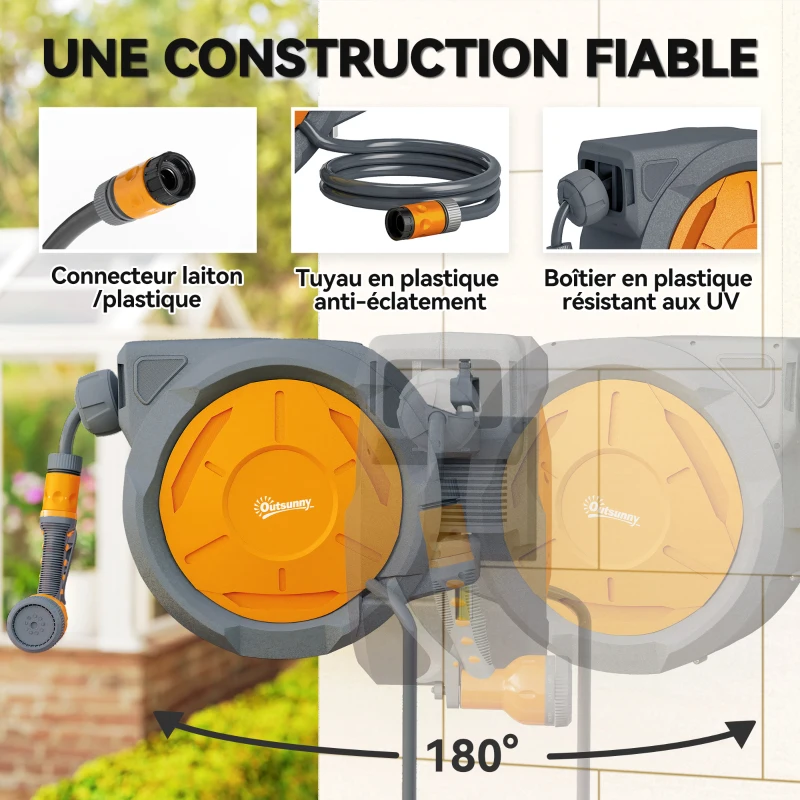 Outsunny Enrouleur Tuyau Arrosage Mural 30 m x Ø 15 mm Dévidoir Automatique de Tuyaux d'Eau Rétractable Automatique orange