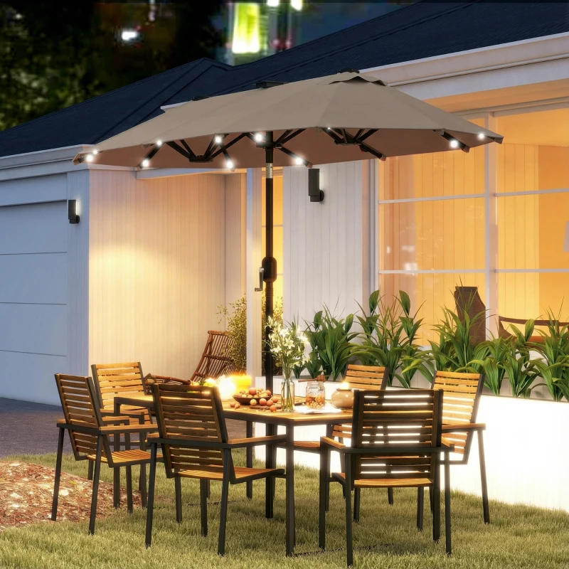 Outsunny Doppelsonnenschirm 292 x 150 cm, Sonnenschirm mit mit LED-Beleuchtung Handkurbel, Knickfunktion Khaki