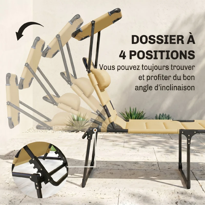 Outsunny Bain de soleil chaise longue pliante avec pare-soleil, appuie-tête inclinable en tissu Oxford 70 x 200 x 45 cm crème