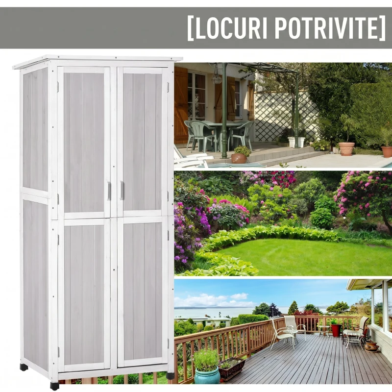 Outsunny Căsuță pentru Depozitare din Lemn de Brad cu 3 Niveluri, Acoperiș din Bitum, 77x58x175 cm, Gri
