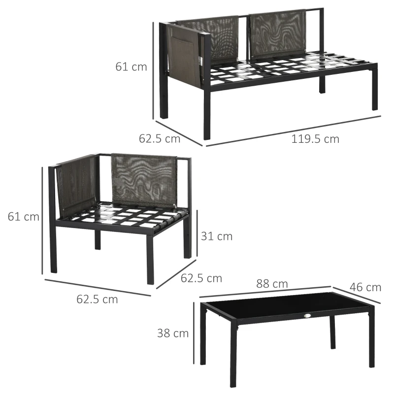 Outsunny 4 Piece Metal Garden Furniture Set, Includes Tempered Glass Coffee Table, Breathable Mesh Pocket, Outdoor Conversational Corner Sofa Loveseat, with Padded Cushions - Light Grey