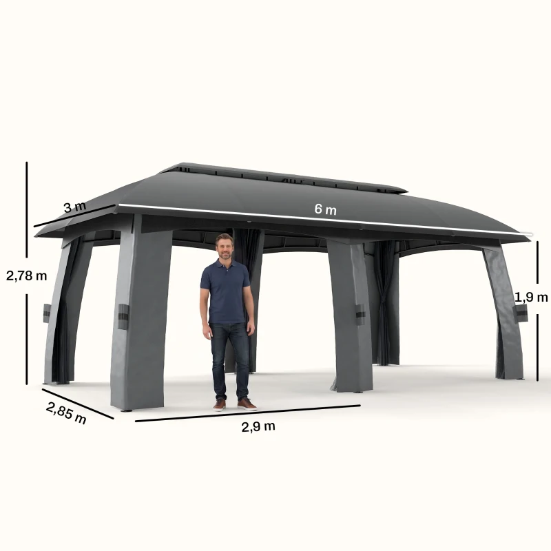 Outsunny Pavillon, Partyzelt, mit Fliegennetzen, Winddach, bis 15 Personen, dunkelgrau, 3 x 6 x 3 m