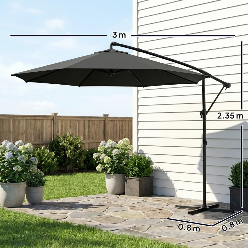 Outsunny Umbrelă suspendată 3x3 m cu baldachin reglabil, bază încrucișată și ventilație, din metal și poliester, neagră