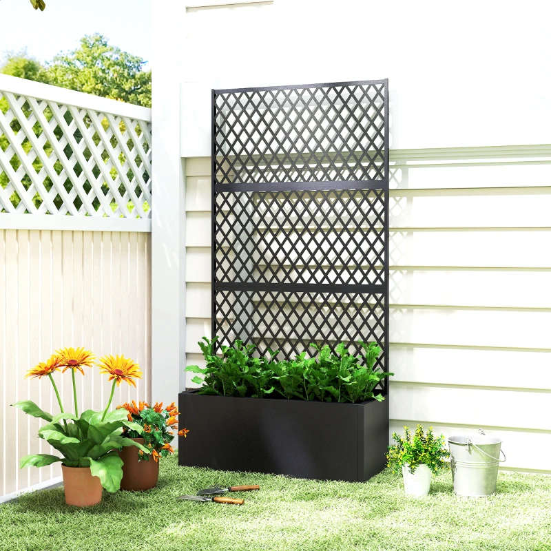 Outsunny Metall-Hochbeet mit Spalier, Pflanzkasten für draußen mit Diamantgitter-Sichtschutz für Blumen