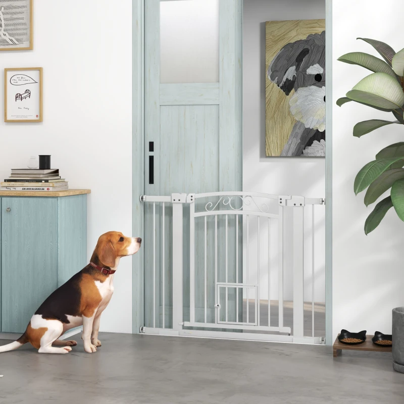 PawHut Cancellino per Cani Regolabile con Estensioni, Porta per Gatti e Apertura a Una Mano, 76-104x77cm, Bianco