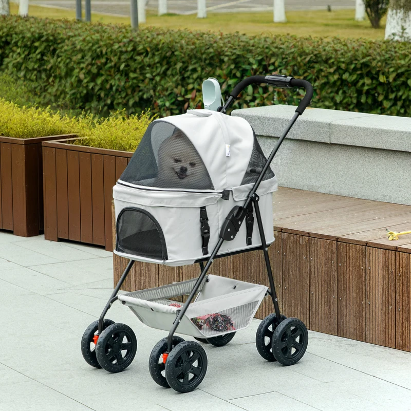 PawHut 3-in-1-Haustierkinderwagen, zusammenklappbarer Hundewagen mit 4 Rädern und abnehmbarer Trage für Hunde und Katzen, Grau