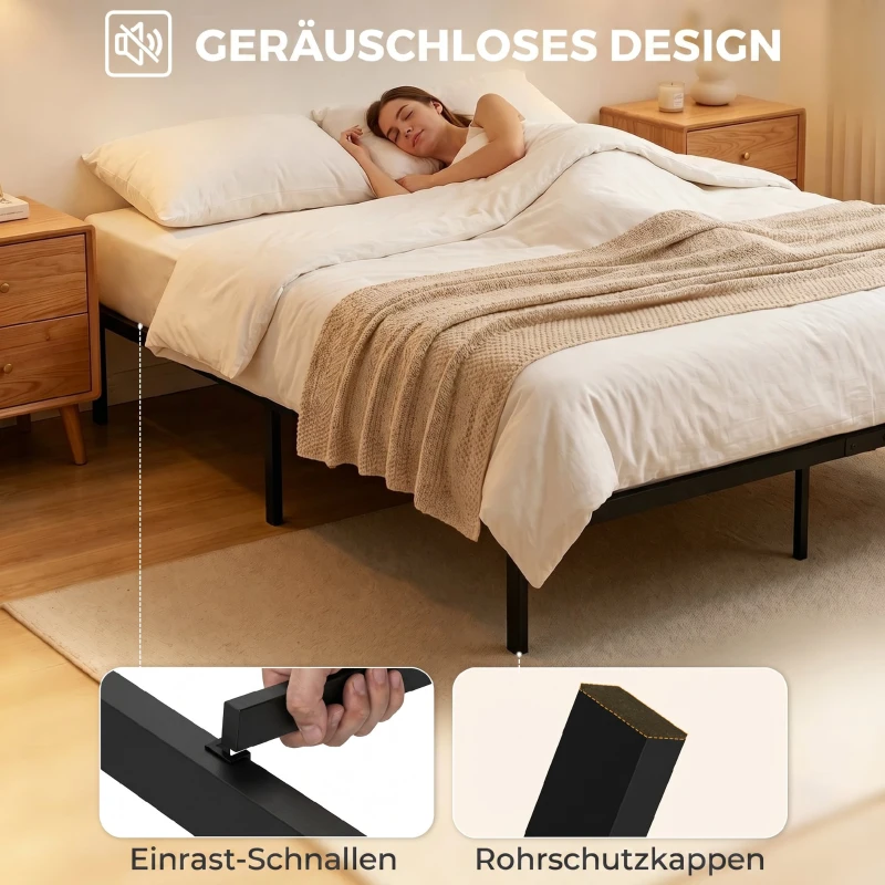 HOMCOM Bettgestell, 140 x 200 cm Metallbett mit Stauraum unter dem Bett, Metallgestell mit Lattenrost, kein Boxspring nötig