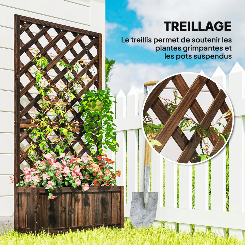 Outsunny Jardinière d'Extérieur avec Épaulière à Grille pour Plantes Grimpantes et Vase, Jardinière en Bois de Sapin Durable, 72,5 x 31,5 x 149,5 cm, Carbonisée