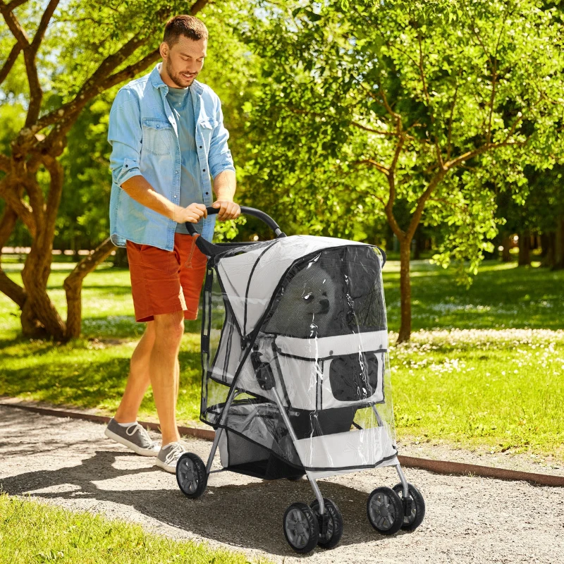 PawHut Pet Stroller for Small Miniature Dogs, Cats, Foldable Travel Carriage with Wheels Zipper Entry, Cup Holder, Storage Basket - Grey