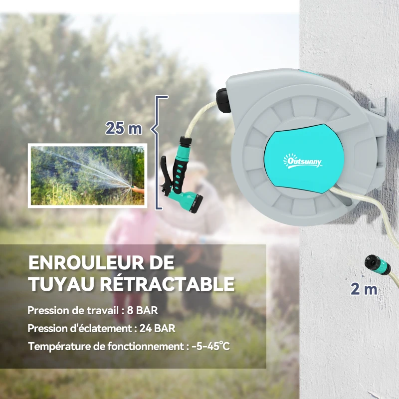 Outsunny Enrouleur tuyau arrosage dévidoir de tuyaux d'eau 25+2 m support mural + poignée pivotant à 180° 55 x 20 x 42 cm gris