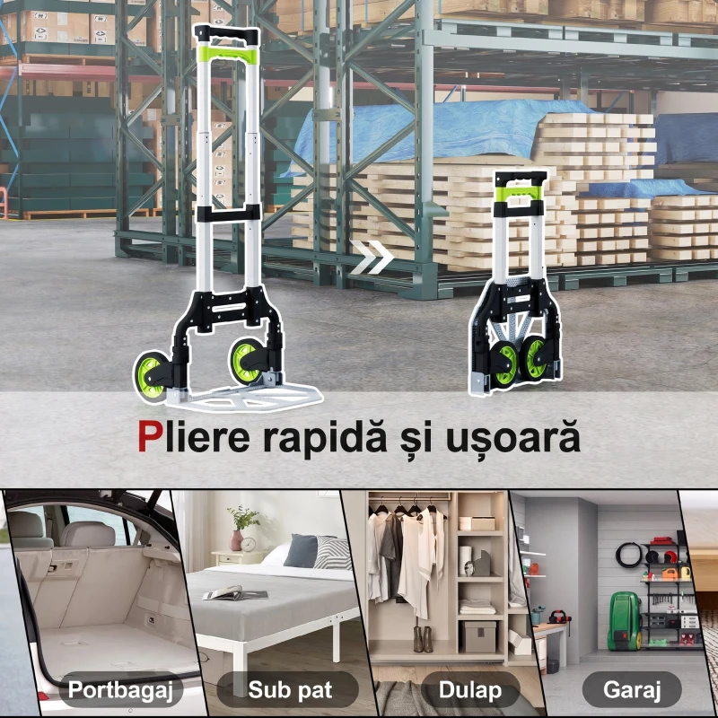 HOMCOM Cărucior Portapachete Pliabil Capacitate 70 kg cu Mâner Telescopic din Aluminiu, Argintiu