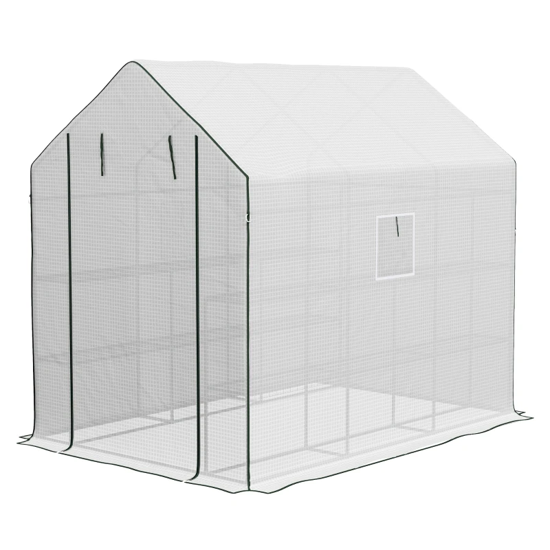 Outsunny Invernadero de Exterior con 12 Estantes Puerta Enrollable Cubierta de PE y Marco de Acero 140x213x190 cm Blanco