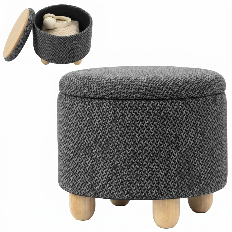 HOMCOM Storage Sitting Bench with Lid, Round Storage Ottoman with Rubberwood Legs, Dark Grey