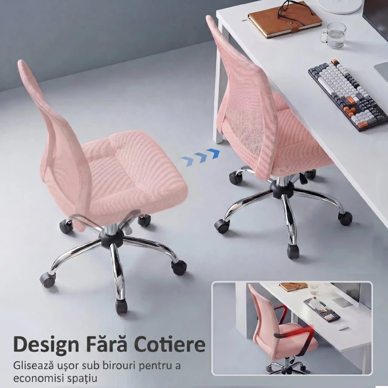 Vinsetto Scaun de Birou Ergonomic, Rotativ, fără Brațe, din Plasă Respirabilă, Înălțime Reglabilă, Roz