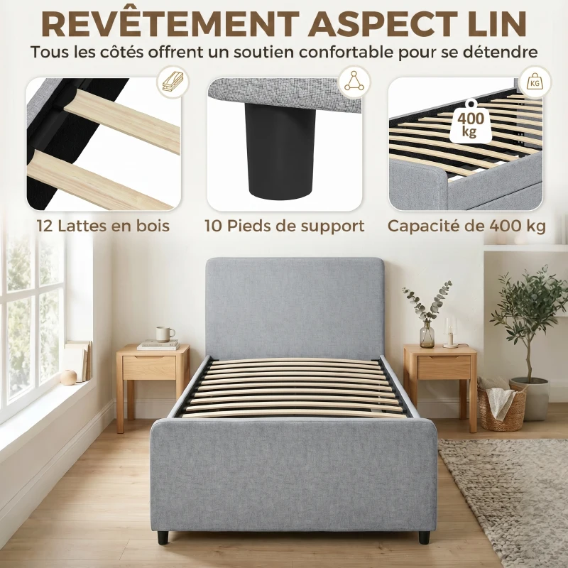 HOMCOM Lit gigogne 90 x 190 cm, cadre de lit simple/double avec sommier à lattes en bois, tête et pied rembourrés, gris clair