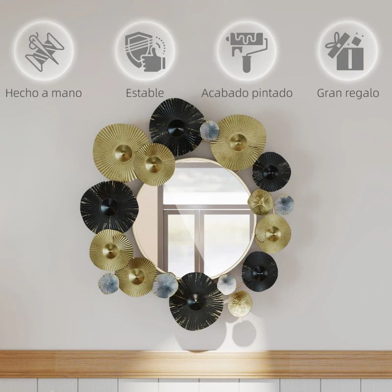 HOMCOM Adorno de Pared Metálico con Espejo Decorativo para Salón Dormitorio Pasillo 84x84 cm Dorado y Negro