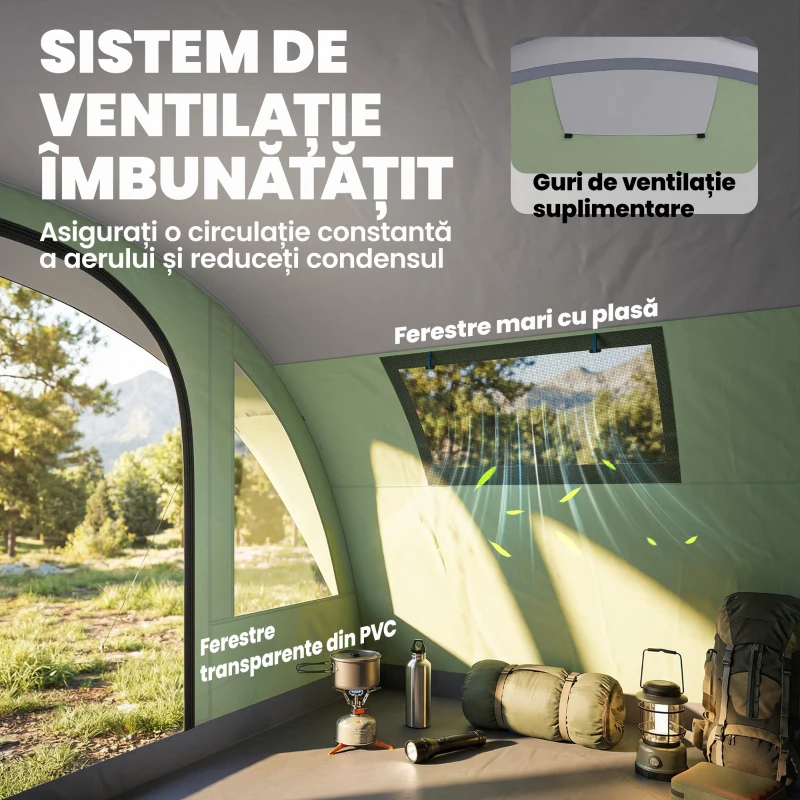 Outsunny Cort Mare Multi-Cameră pentru 2-4 Persoane, cu Ferestre și Verandă, Verde
