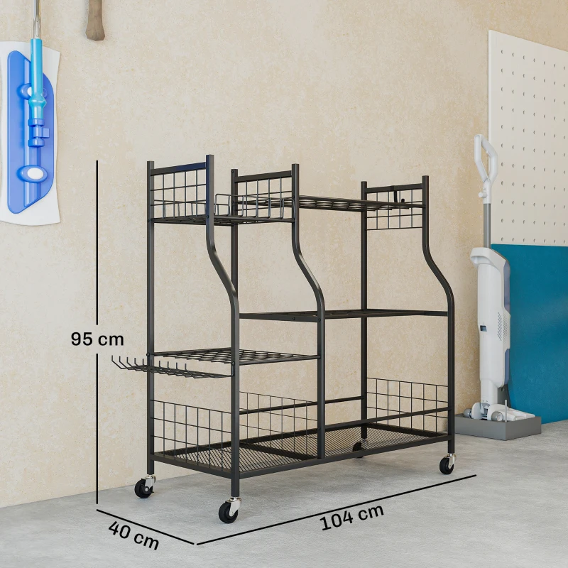 Outsunny Organisateur d'Outils de Jardin en Acier à 3 Niveaux, 32 Emplacements, 4 Roues, 11 Crochets, 104x40x95cm, Noir