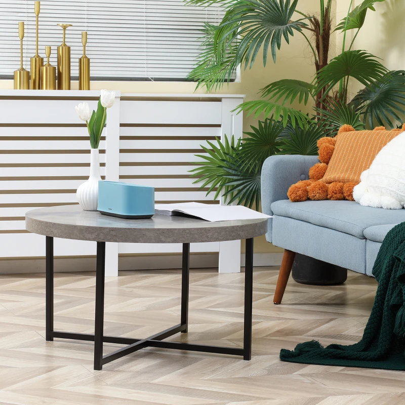 HOMCOM Table basse ronde effet béton ciré en bois et métal - Ø 80 x 45 cm - piètement croisé