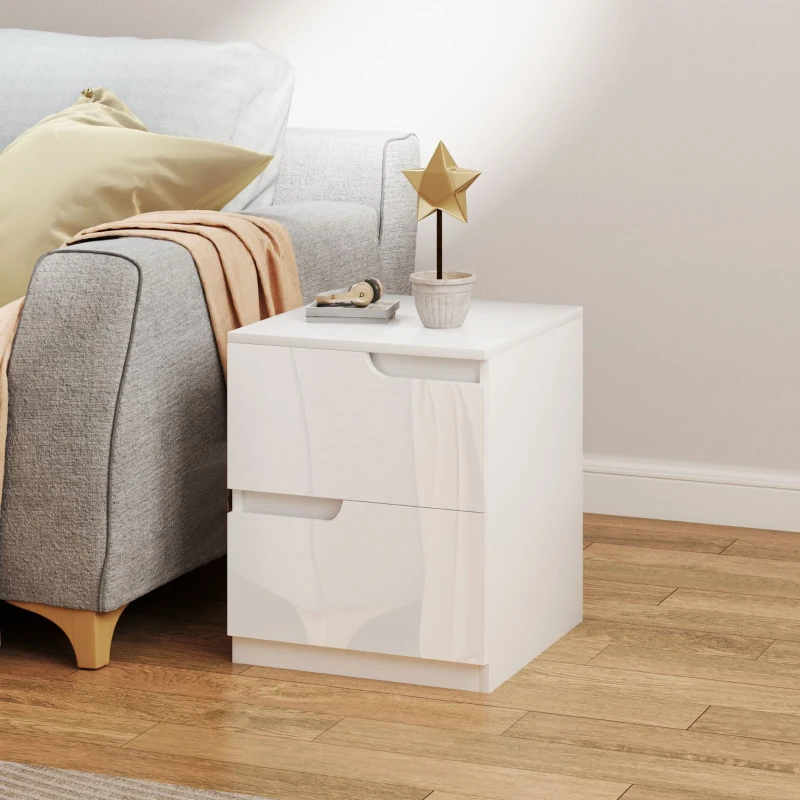 HOMCOM Mesita de Noche Moderna Mesilla de Noche con Cajones con Frontal Blanco Brillante y Almohadilla 40x40x48 cm Blanco