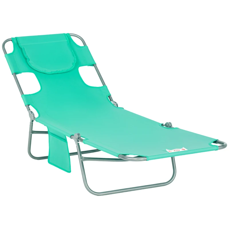 Outsunny Foldable Sun Lounger with Reading Hole - Portable Sun Lounger with 5-Level Adjustable Backrest, Reclining Lounge Chair with Side Pocket, Headrest Pillow, Green