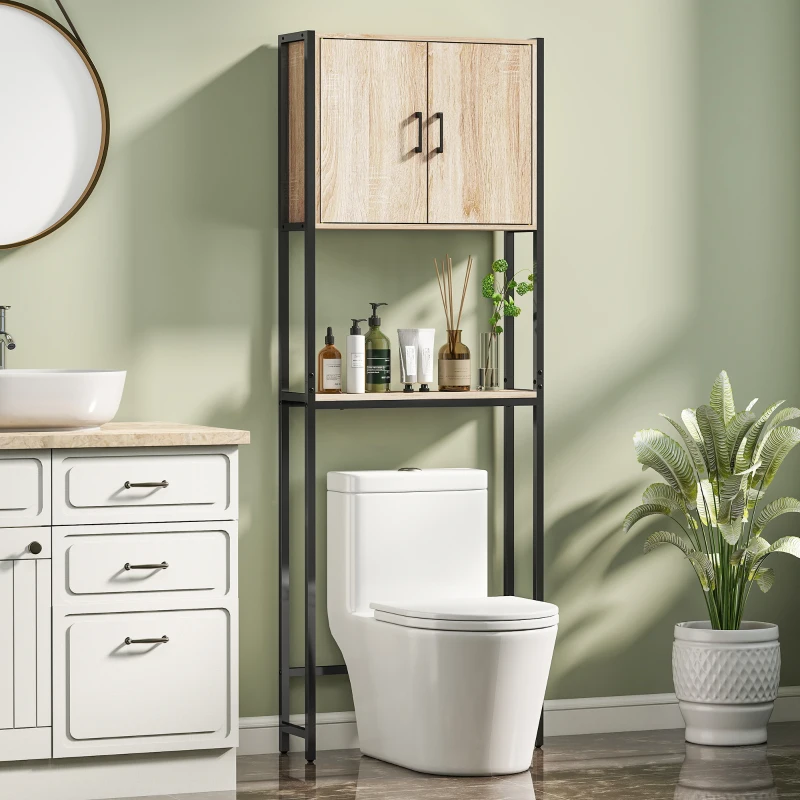 kleankin Mueble sobre Inodoro con 2 Puertas Estante Ajustable Estante Abierto para Espacio Pequeño 64x19x178 cm Natural