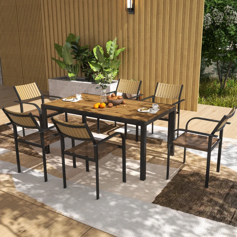 Outsunny Set Tavolo da Giardino Allungabile con 6 Sedie da Esterno Impilabili, Acciaio e Textilene, Marrone