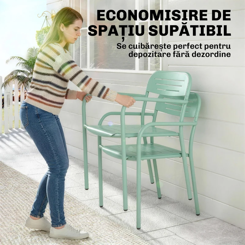 Outsunny Set de 2 Scaune de Grădină, Scaune de Exterior Stivuibile cu Cotiere din Metal, Verde