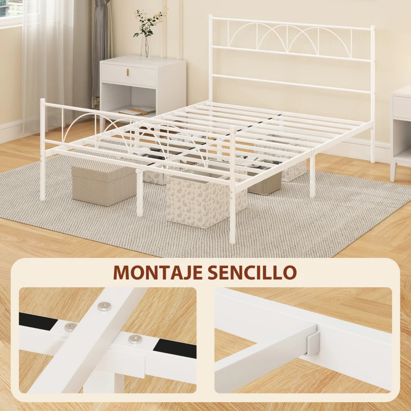 HOMCOM Estructura de Cama 140x190 cm con Cabecero Soporte de Listones de Acero Almacenamiento Bajo la Cama