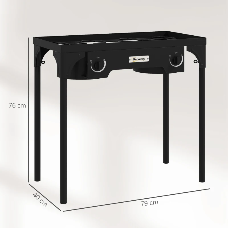 Outsunny Fornello a Gas da Campeggio con 2 Bruciatori 9.2 KW in Metallo con Gambe Rimovibili, Nero