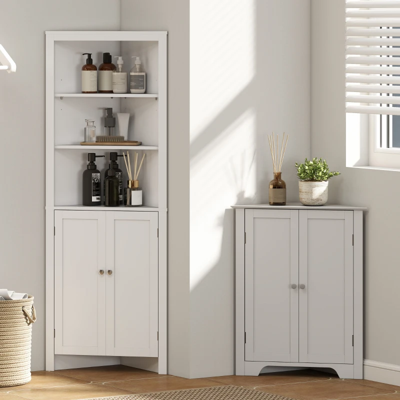 kleankin Triangle Bathroom Cabinet, Corner Bathroom Storage Unit with Cupboard and 3-Tier Shelves, Free Standing, White