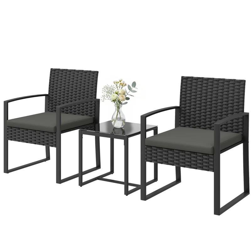 Outsunny Salon de jardin extérieur en résine tressée 2 personnes, table de jardin avec 2 chaises, plateau en verre trempé, noir