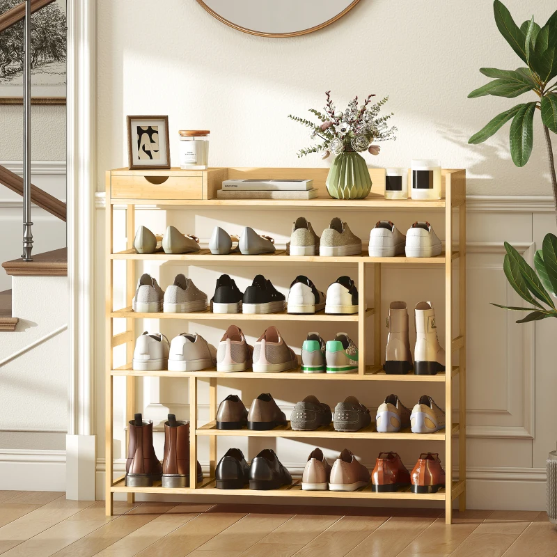 HOMCOM Schuhregal, Schuhständer mit 6 Ebenen, Schublade aus Bambus, für max. 18 Paar Schuhe, Schuhablage für Eingang, Schlafzimmer, 101 x 30 x 100 cm, Natur