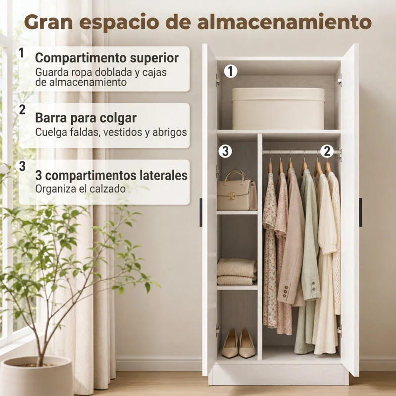 HOMCOM Armario Dormitorio Moderno Armario Ropero con Barra para Colgar Estantes 70x37x164 cm para Salón Entrada Blanco