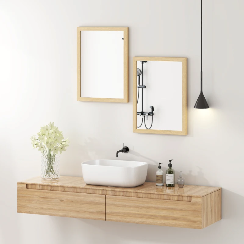 HOMCOM Wall Bathroom Mirror, 30 x 40 cm Wall-Mounted Mirror for Living Room, Bedroom, Hallway, Set of 2, Natural