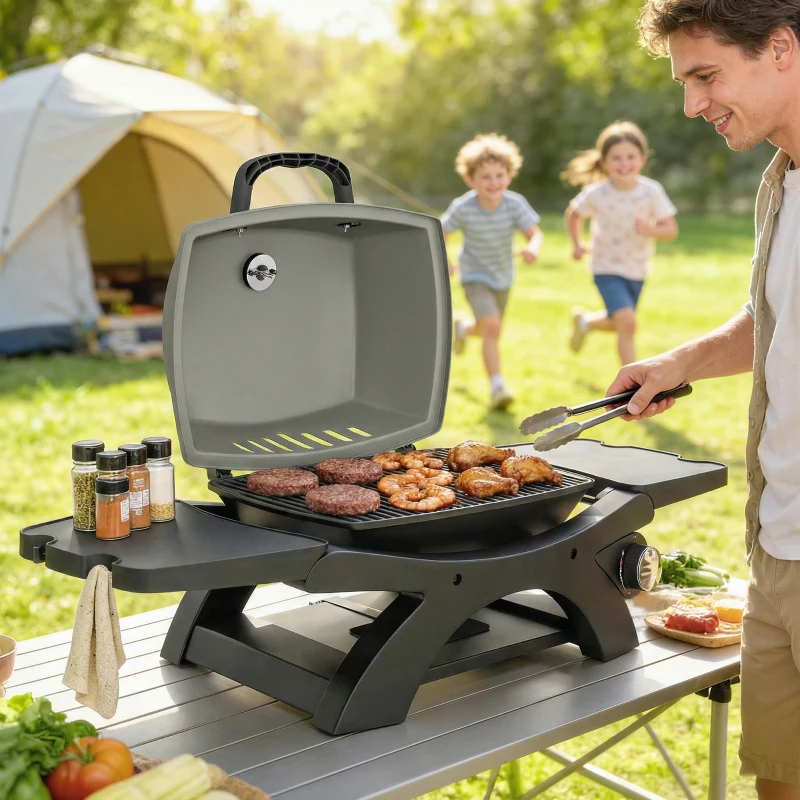 Outsunny Gasgrill 3,3 KW Tischgrill mit 1 Brenner klappbar Seitentischen Gusseisen Grillroste herausnehmbar Fettauffangschale