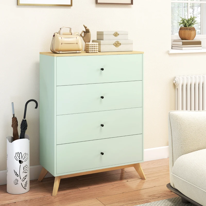 HOMCOM 4 Drawer Storage Cabinet, Chest of Drawers for Bedroom Living Room, Light Green and Oak