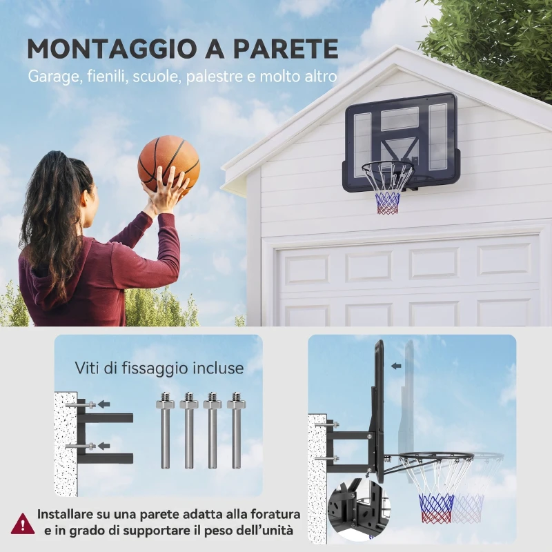 SPORTNOW Canestro Basket Esterno a Parete 110x75 cm, Tabellone Basket Esterno Infrangibile a Muro, Cerchio Resistente Ø45 cm, Nero