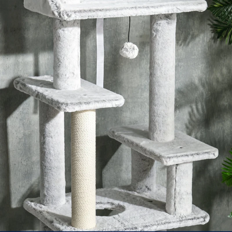 PawHut Copac Scratcher pentru Pisici la Tavan cu Platforme și Căsuță, 60x40x225-255cm, Gri