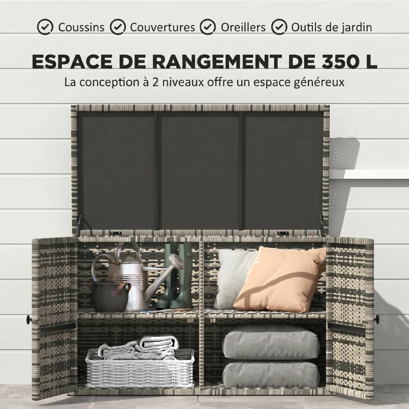 Outsunny Baule da Esterno da 350L a 2 Livelli con Pistoni a Gas, Rattan PE e Acciaio, 118x57x69 cm, Grigio
