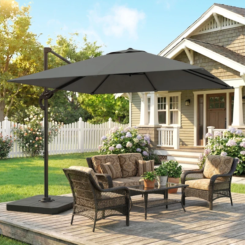 Outsunny Parasol déporté carré parasol de jardin extérieur pied et dalles de lestage mât aluminium protection UV50+2,4x2,4m gris