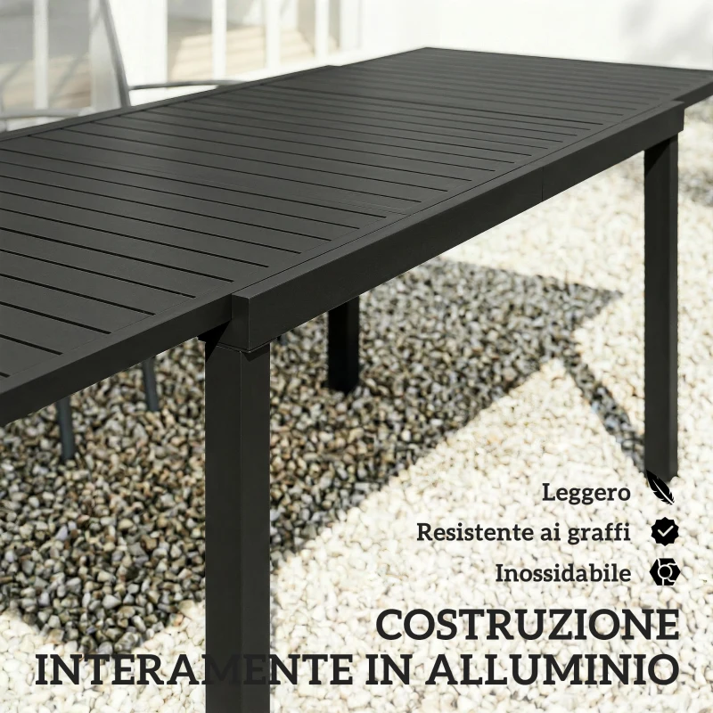 Outsunny Tavolo da giardino allungabile per 6-8 persone, alluminio con piano a doghe, nero.