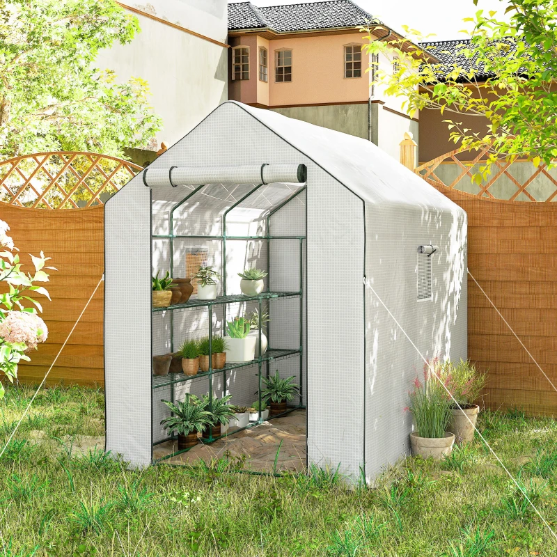 Outsunny Invernadero de Exterior con 12 Estantes Puerta Enrollable Cubierta de PE y Marco de Acero 140x213x190 cm Blanco